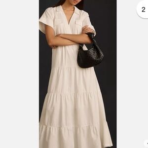 Anthropologie Mauve Short Sleeve V Neck Tiered Maxi Dress Pockets White Smal NWT